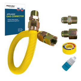 PROCURU 1" OD x 12" Length x 3/4" MIP x 3/4" FIP Gas Flex Line Connector Kit, WeatherProof Max-Flow High Capacity Stainless Steel with Yellow SafeGuard Coating for Tankless Water Heater
