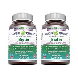Amazing Formulas Biotin with Extra Virgin Organic Coconut Oil Supplement | 10000 Mcg | Softgels | Non-GMO | Gluten-Free | Made in USA (2 Pack, 120 Count)