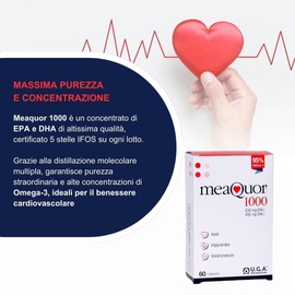 Meaquor 1000 (60 Capsule) Omega 3 IFOS 5 Stelle Certificato - Omega3 1000mg EPA e DHA - Olio di Pesce Privo di Metalli Pesanti, Senza Retrogusto