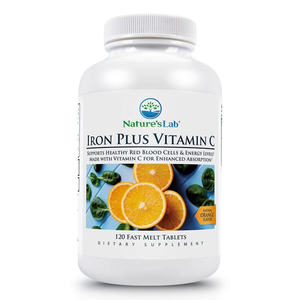 Nature's Lab Iron Plus Vitamin C Fast Melt Tablets - Gentle on the Stomach Carbonyl Iron, High Absorption for Healthy Red Blood Cells* - 120 Tablets