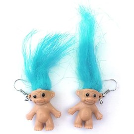Funny Ugly Doll Dangle Earrings Colorful Hair Exaggerated Cool Cartoons Doll Dangling Earrings for Women Men-Blue