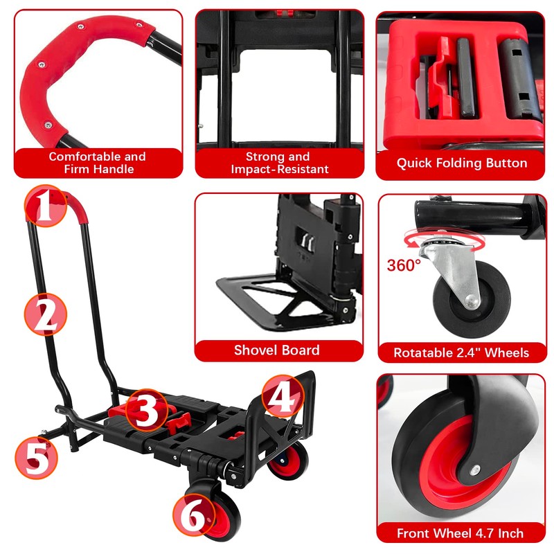 Folding Hand Truck, Portable Dolly Cart with Rubber Wheels and