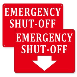 (2 Pack) Aluminum Emergency Shut-Off Sign, Emergency Shut-Off Signs with Down Arrow - Reflective Weatherproof & Rust-Free - Compliant Safety Sign for Doors and Wall - Easy to Install (10"x7" Red)
