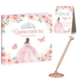 Threehoney 3 Pcs Quinceañera Guest Book Set 15th Quinceanera Party Favors with Standing Plaque and Rose Gold Diamond Pen with Base 15th Birthday Decorations