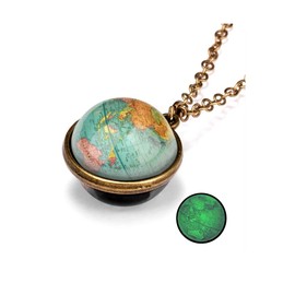 Galaxy Planet Pendant Necklace Glow in Dark Double Side Glass Crystal Ball Moon Earth Astronomy Universe Necklace Luminios Gemstone Necklace for Women Men Friends Gift-Map