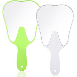 Jetec 2 Pieces Tooth Shaped Handheld Mirror Cute Makeup Mirror Hand Held Plastic Dental Mirrors with Handle Cosmetic Hand Mirror for Women Men Girls and Kids (Green, White)