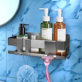 HomeGadget Shower Shelf No Drilling – [22 x 7.5 x 9 cm] – Shower Shelf for Gluing Made of Rustproof Stainless Steel – Holder Including 2 x Hooks and Razor Holder in Chrome Silver