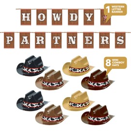 Western Party Supplies -"Howdy Partners" Letter Banner and Mini Cowboy Hat Decorations Set (9 Piece Set)