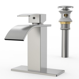 RUACQ Waterfall Bathroom Faucet,Single Handle Bathroom Sink Faucets for 1 or 3 Hole, Stainless Steel Washbasin Mixer Tap with Deck,Pop-up Drain and Supply Hoses (Brushed Nickel)