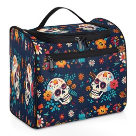 Toiletry Bag for Women, Colorful Mexican Skull Flower Hanging Travel Toiletry Bag, Water-resistant Cosmetic Makeup Organizer for Toiletries and Cosmetics, Bathroom Shower Bag with Handle and Hook