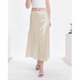 Urban CoCo Women’s Elegant High Waisted Satin Comfy Long Skirt A-Line Casual Skirts with Sheen(S, Champagne)