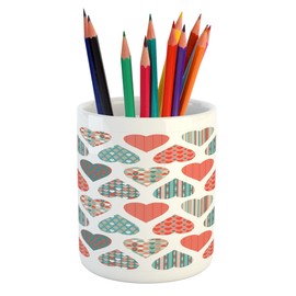 Lunarable Valentines Day Pencil Pen Holder, Patchwork Print Like Hearts Unusual Forms Stripes Graphic Designs Image, Printed Ceramic Pencil Pen Holder for Desk Office Accessory, Multicolor