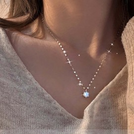 TseenYi Crystal Pendant Necklace Round Solitaire Pendant Necklace Sparkly Round Crystal Necklace Small Dot Choker Necklace Silver Bridal Cz Necklace Chain Jewelry for Women Girls Gifts