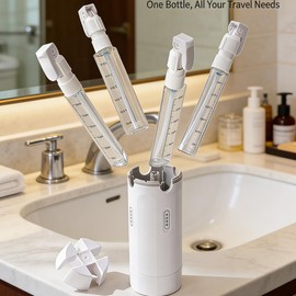 BOMPOW 4-in-1 30ML Travel Size Dispenser Toiletries Bottles Set, Leak-Proof Refillable Containers Dispensers Labels Portable Toiletry Organizer Cup for Shampoo, Lotion, Soap Travel Essentials