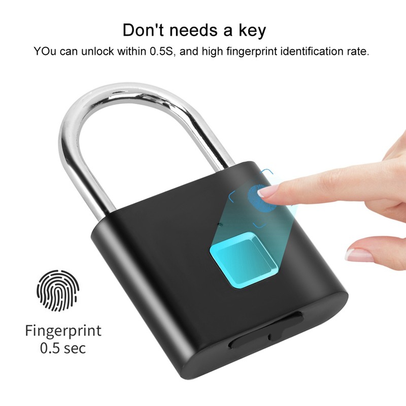 Door Lock Security Keyless USB Rechargeable Fingerprint Smart Padlock Black