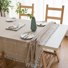 Oubonun Cotton Linen Rectangular Table Cloth, Wrinkle Resistant, Waterproof Tablecloth, Washable Farmhouse Table Cover with Tassels for Kitchen Dining Party, 55''x102'', 8-10 Seats, Light Coffee