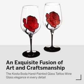 Kosta Boda Tattoo Wine Glass (Set of 2) - 8.8" x 3.5", Hand-Painted Glass - Rose Tattoo Inspired, Kitchen & Dining Decor, Versatile Serving for Cabernet, Cocktails, Champagne, Red/Clear