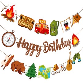 Camping Happy Birthday Banner Sign 3PCS Camping Birthday Party Decorations Glitter Brown Happy Camper Birthday Party Supplies for Outdoor Hiking Campout Decorations Summer Camp Adventure Cutout Banner