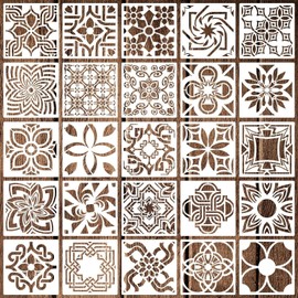 25 Pack Tile Stencils, Reusable Flower Pattern Painting Stencils for Painting on Wall Wood Floor Furniture