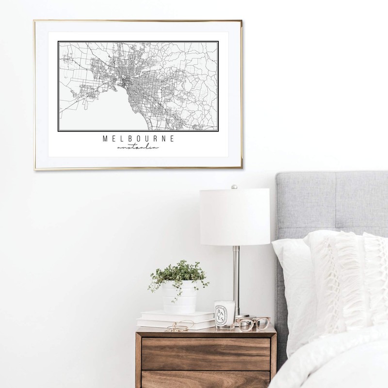 Melbourne Australia Street Map Black and White Print, Unframed