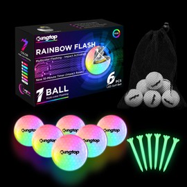 KINGTOP RainbowFlash Glow in The Dark Golf Balls - Multicolor Flashing LED Golf Ball Light up Backyard Putting Green, 10-Minute Reset Timer - with Glow Tees and Organizer Bag for Night Golfing