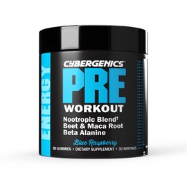 Cybergenics Pre Workout Gummies, Supports Energy Levels, Boosts Performance, Beta Alanine, Green Tea Extract, Nootropic Blend for Focus, Natural Beet Root, Blue Raspberry, 60 Gummies, 30 Servings