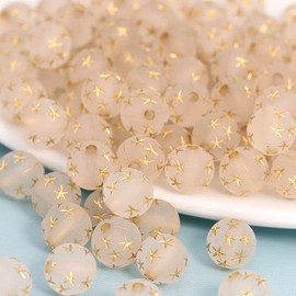 LadayPoa 150pcs 10mm Acrylic Frosted Gold Star Round Beads Glass Ball Beads for Jewelry Making Plastic Bubble Beads Charms for Bracelet Making Necklace DIY Bubblegum Beads Christmas Ornament Gifts