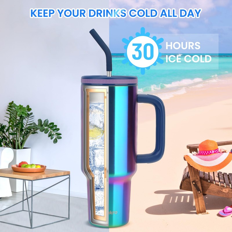 Zukro 40 oz Tumbler with Handle and Straw, Spill Proof