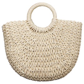 Frienda Straw Tote Bag Summer Beach Bag Handmade Straw Rattan Woven Handbag for Women Travel (Beige, 12.6 x 7.87 x 8.66 Inch)