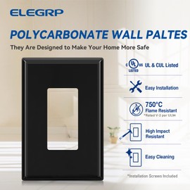 ELEGRP Large Size Outlet Covers Wall Plates, 1-Gang Decorative Electric Outlet Covers, Unbreakable Polycarbonate Faceplates for Decorator Device, UL Listed, Screws Included (5 Pack, Glossy Black)