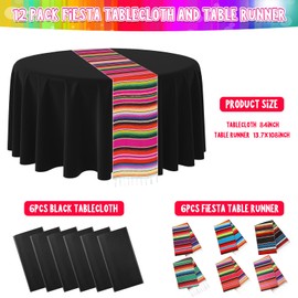 6+6 Mexican Table Runner and Plastic Tablecloth Set, Fiesta Tablecloth and Serape Table Runner Party Decorations, Mexican Disposable Round Tablecloth for Fiesta Cinco De Mayo Taco Party Decorations