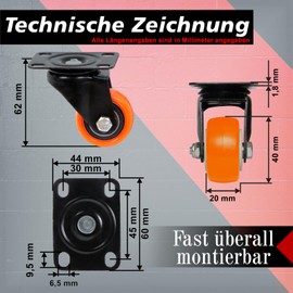 PRIOstahl Furniture Castors Brake Castors Heavy Duty Castors Transport Castors Orange Premium Wheels - 4 x Swivel Castors without Brake 40 mm + Mounting Screws and Bit for Furniture Cabinets Traceless