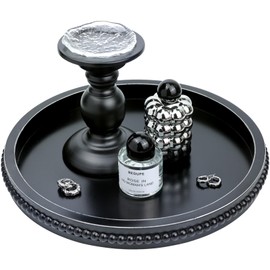 Lnofemin Round Black Wood Serving Tray with Beads, Wooden Decorative Tray for Entertaining, Decoration, and Gifting,