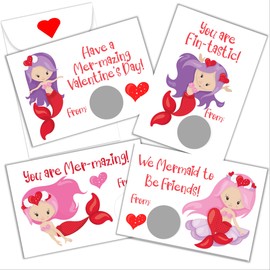 Valentine's Day Scratch Off Card for Kids with Mermaid Design, DIY Valentines, Class Valentine, Pack of 24 Cards with Envelopes