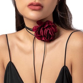 Rannyrena Bohemian Large Flower Choker Necklace Suede Leather Long Wrap Necklace Bow-knot Layered Tie Necklace with Artificial Rose Boho Party Accessories for Women (Red)