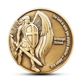 Archangel Michael Challenge Coin, Quis Ut Deus - 1.75" Antique Gold-Color Plated St Michael Prayer Token - Commemorative Religious Coins - Christian Coin Gifts for Collectors, Bible Study