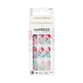 KISS LoveShackFancy x imPRESS Press-On Manicure Limited Edition, Style "Lilac Crush" Medium Coffin Purple Press-On Nails, Includes Prep Pad, Mini Nail File, Cuticle Stick, & 30 Fake Nails