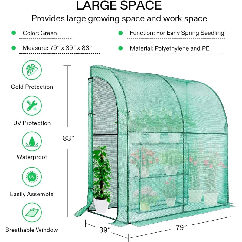 VIVOSUN Lean-to Mini Walk in Greenhous 79x39x83in w/ 3 Tier