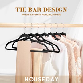 HOUSE DAY Velvet Hangers 60 Pack, Non-Slip Hangers with Tie Bar, Premium Clothes Hangers Slim Felt Hangers Standard Hangers 360° Swivel Hook for Closet Organized Storage，Elegance Black 72g/Pc