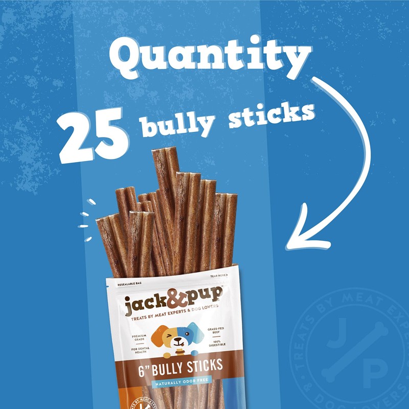 Jack&Pup 6 Inch Standard Bully Sticks for Dogs (25 Pack)