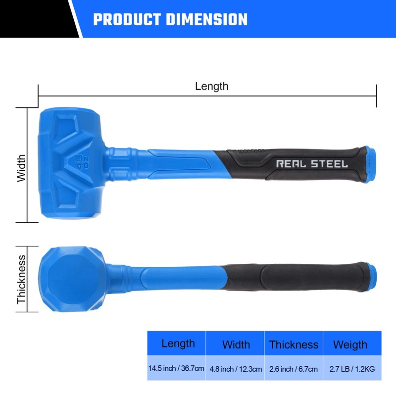 REAL STEEL Dead Blow Hammer with Carbon Steel Core Handle,