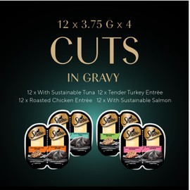 Sheba Sheba Perfect Portions Cuts in Gravy Wet Cat Food Variety Pack, Roasted Chicken Entre, Tender Turkey Entre, with Sustainable Salmon, and with Sustainable Tuna, 2.6 oz. Trays (48 Count, 96 Servings)