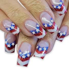 FIEONCIY Independence Day Press on Nails Square Shaped Acrylic Medium Length False Nails with Patriotic Designs Artificial Flag Square Fake Nails July 4th Glue on Fingernails for Women Girls（C878）