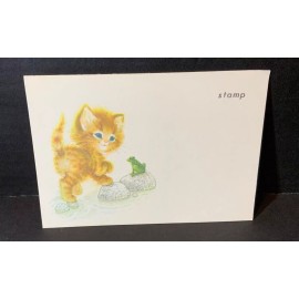 VTG Postcard UNUSED Adorable Blue Eyed Kitty Cat Smiling & on Rocks With Frog