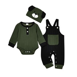 FOCUTEBB Newborn Baby Boy Clothes 0-3 Months Fall Winter Outfit Suspender Pants Set Cute Long Sleeve Romper + Pocket Overalls + Hat With Dog Ears 3 Pcs Set Cute Cartoon Clothing Set Green 0-3 Months