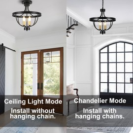 Badiegh 4 Light Black and Gold Semi Flush Mount Ceiling Light,Farmhouse Chandeliers, Industrial Rustic Ceiling Light Fixture, Height Adjustable E12 Base Vintage Lighting for Dining Room Foyer Kitchen