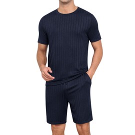 RQP Men's Pajama Set Summer Lightweight Ribbed Lounge Wear Breathable 2 Piece SleepShorts & Tee,Stretch Home Outfits for Men,Dark Blue