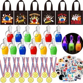 Cleboen Pack of 86 Bowling Party Bags Children's Birthday Medals Bowling Bowling Ball Key Ring Party Bags Stickers Give Aways for Souvenir Children Bowling Pinata Filling Guest Gifts