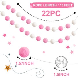 TBD Decor 2pk Pink Pom Pom Garland 13FT 4cm Large Felt Ball Garland Shower Decorationsfor Mantle,Indoor Holiday Wedding Birthday Gender Reveal Party Supplies