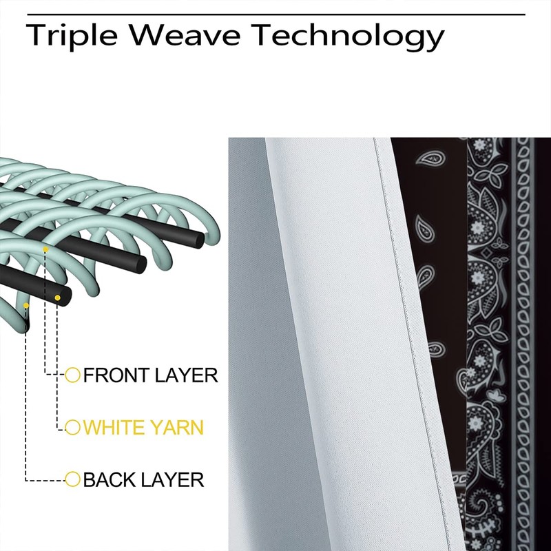 Bandana Blackout Curtains for Home Decor,White Floral Paisley Black Bandana